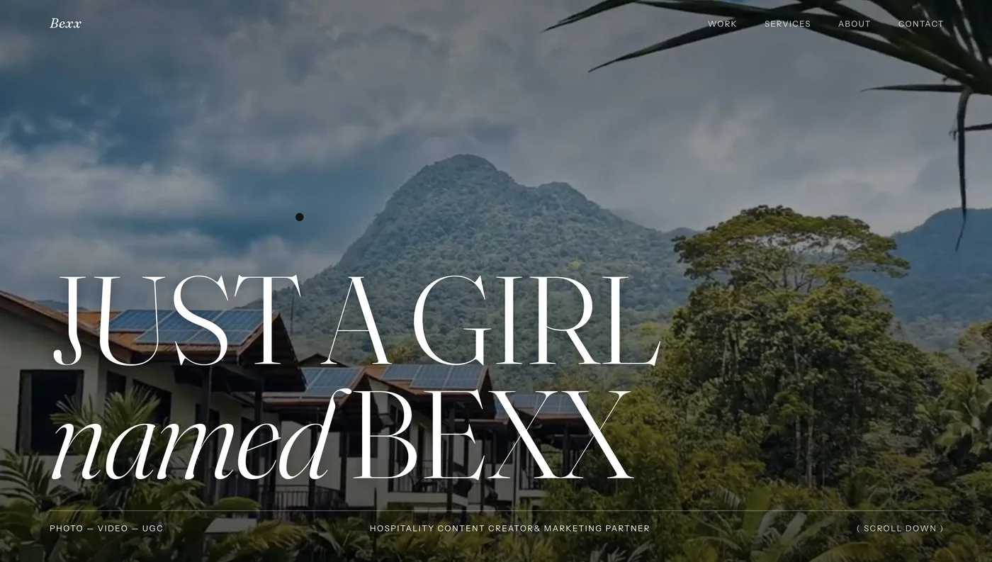 The new full-screen video hero with the Just A Girl Named Bexx wordmark.