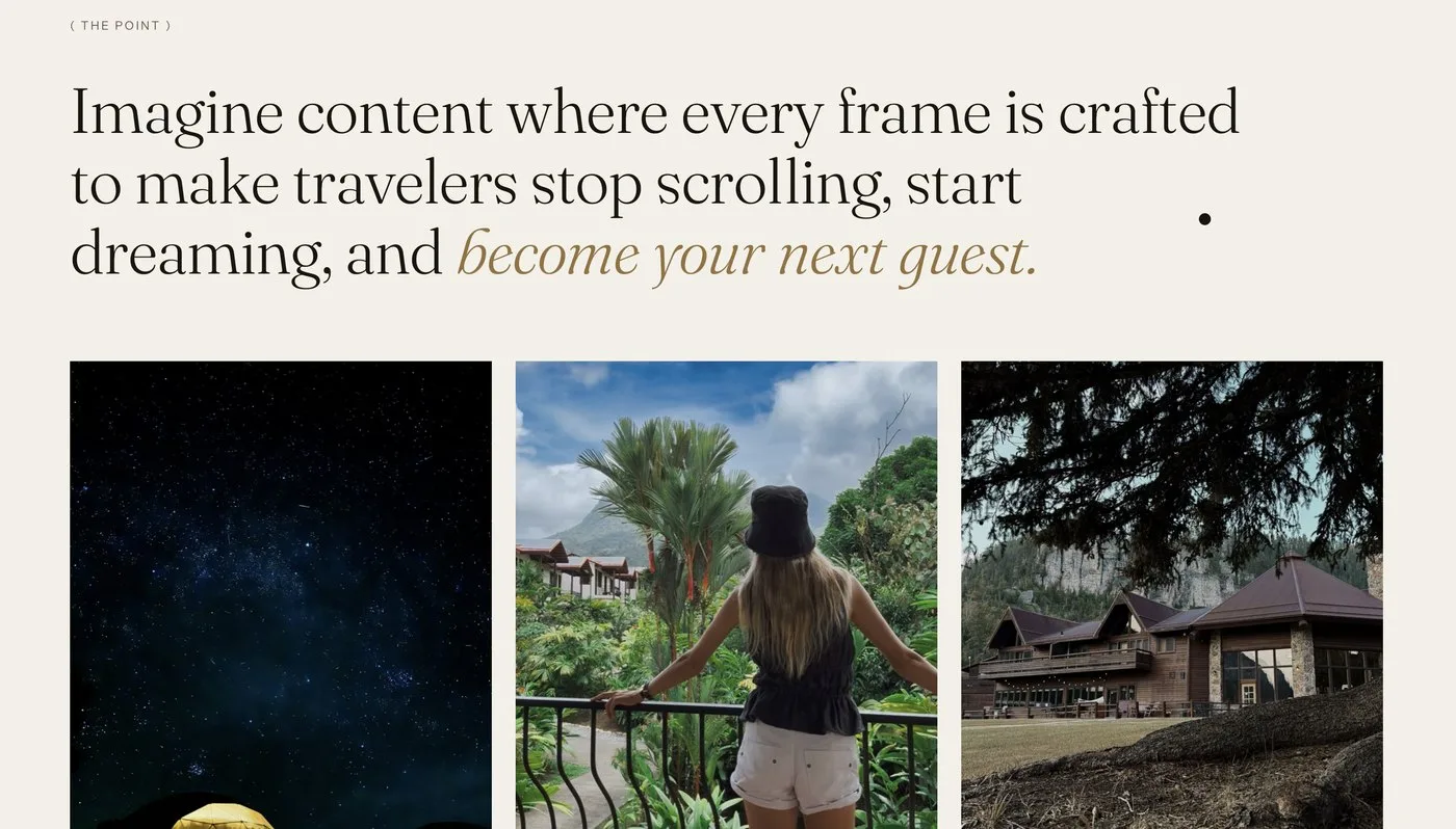 The positioning statement section followed by a row of full-bleed photography.