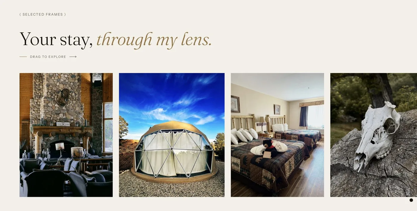 A horizontal drag-to-explore photo gallery of hospitality work.