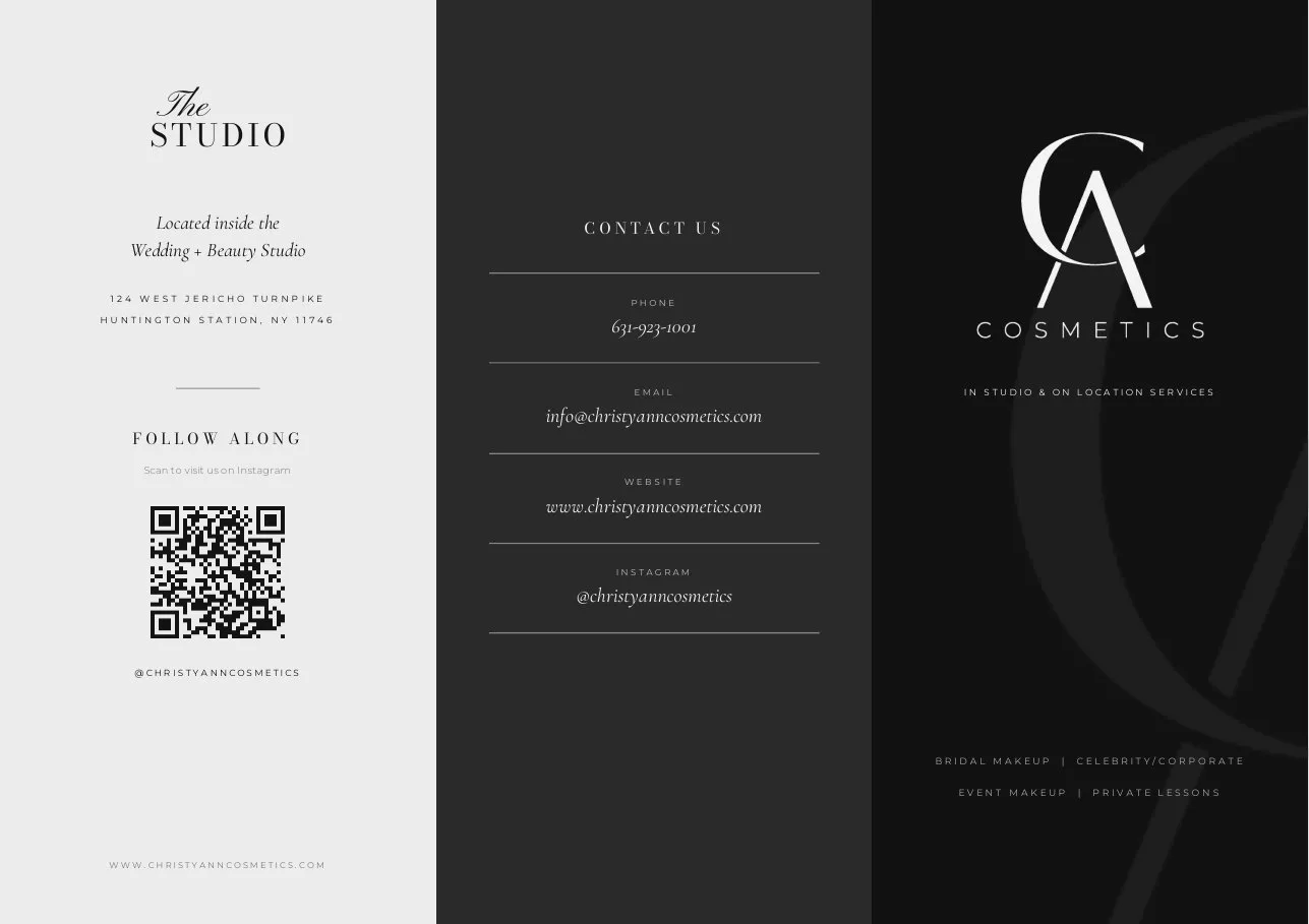 The tri-fold, outside: cover, contact panel and studio introduction.