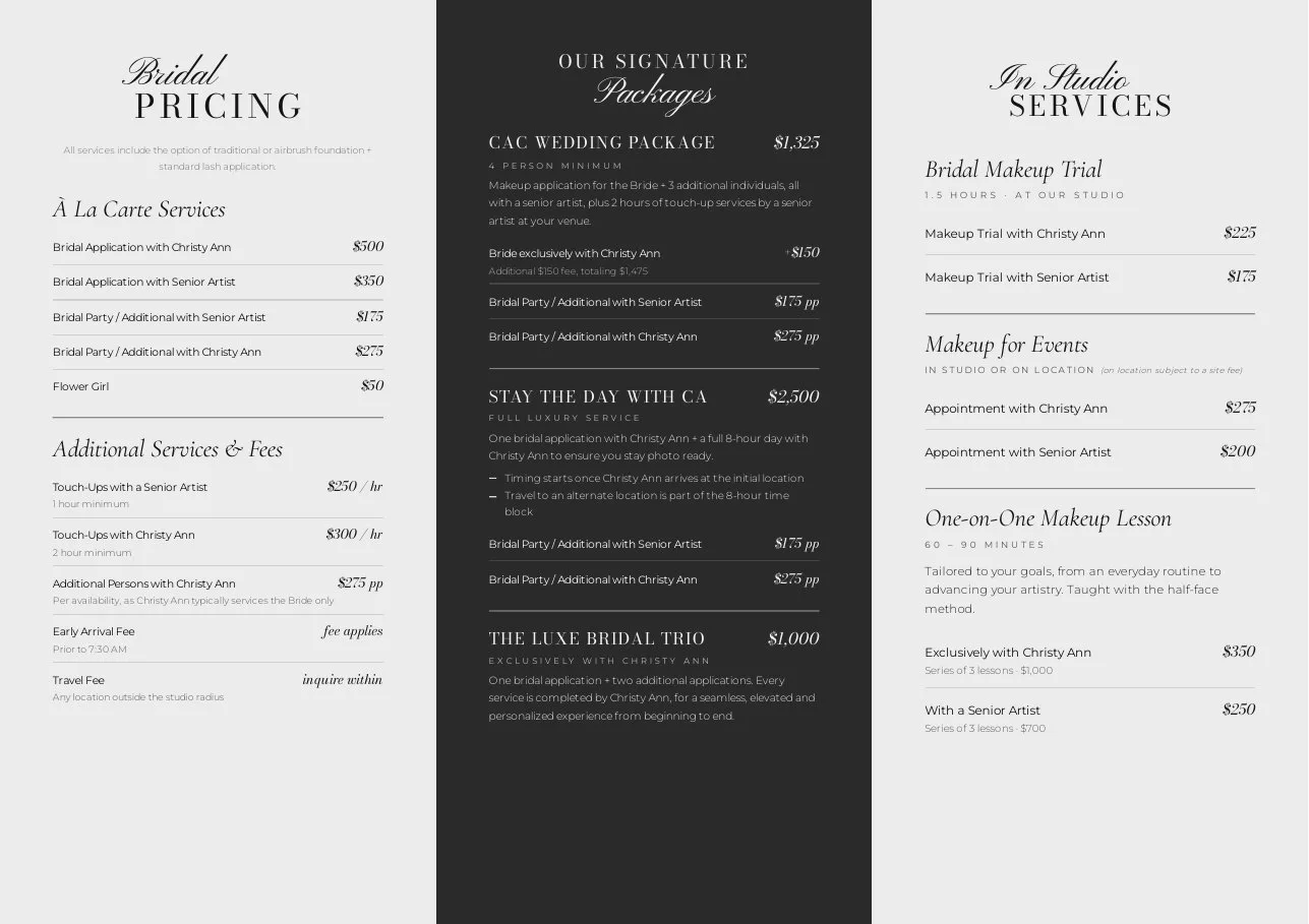 The tri-fold, inside: pricing, packages and services across three panels.
