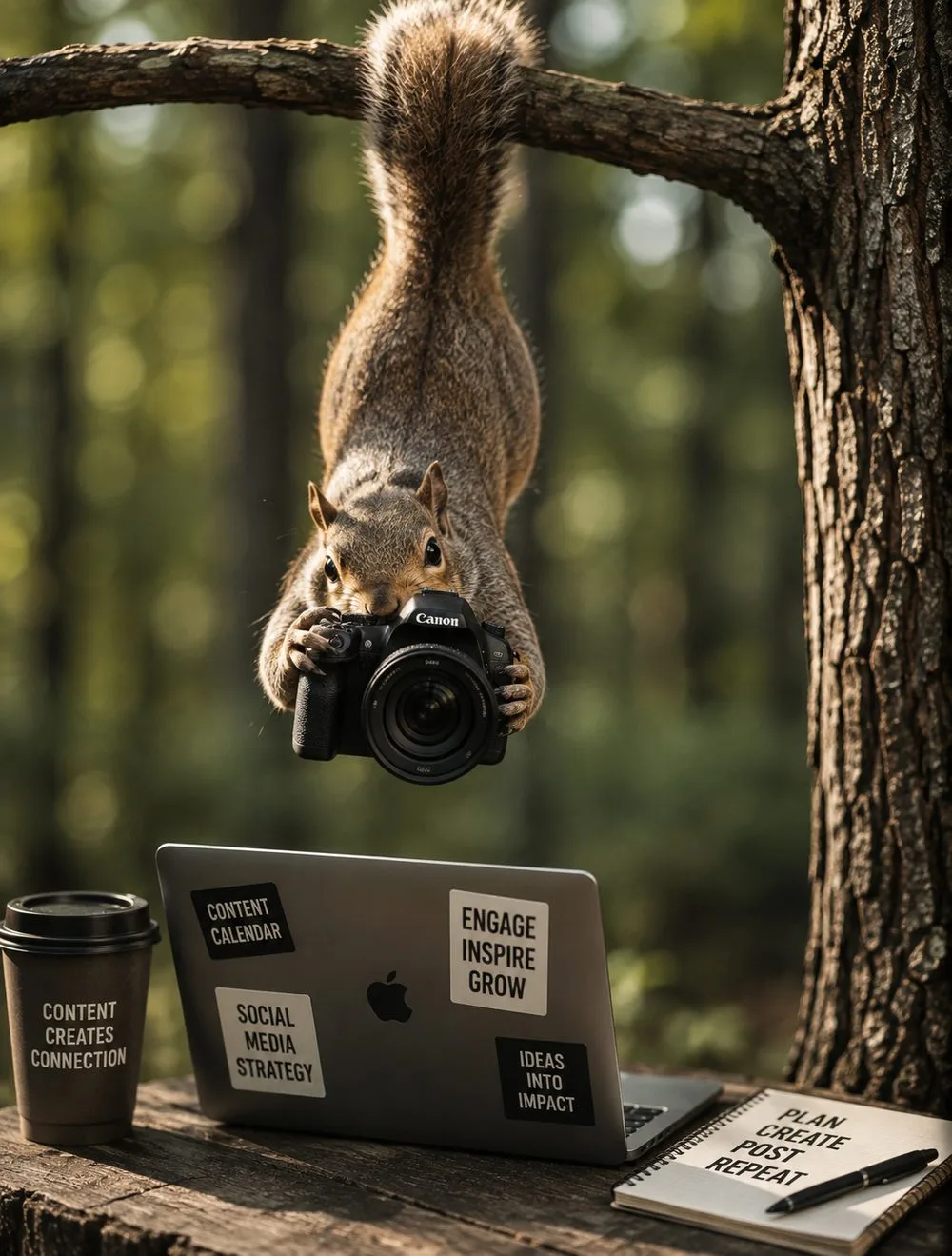 A squirrel hanging from a branch with a camera above a laptop covered in content strategy stickers