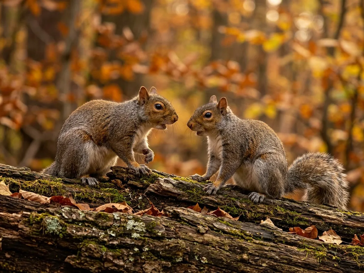 Two squirrels on a log mid-conversation