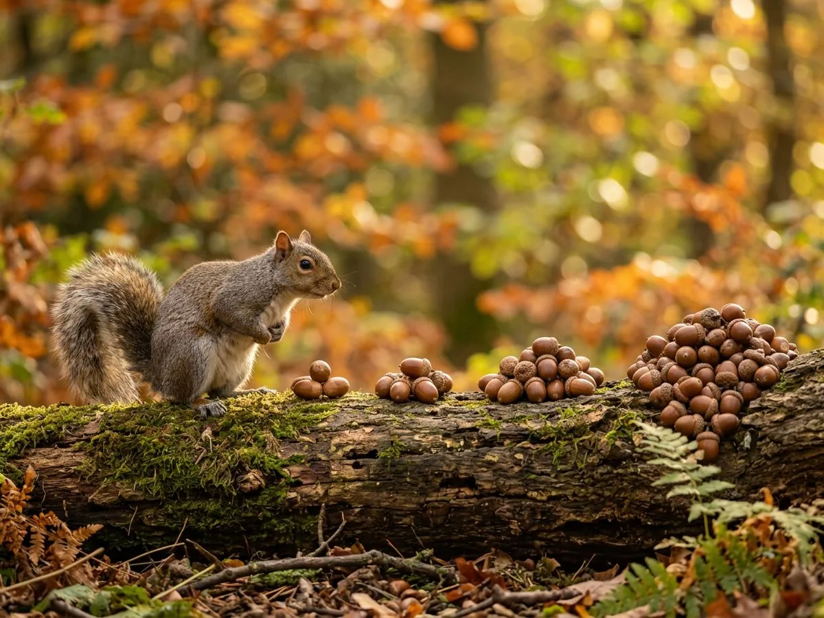A squirrel beside acorn heaps growing larger along a log