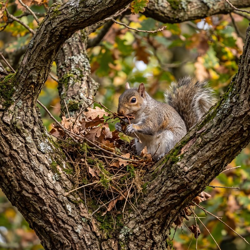 A squirrel building its nest in the fork of a tree