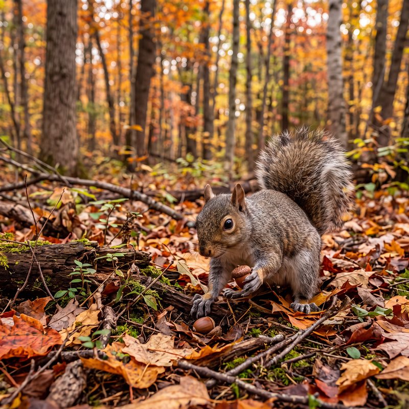 A squirrel finding a single acorn on the forest floor