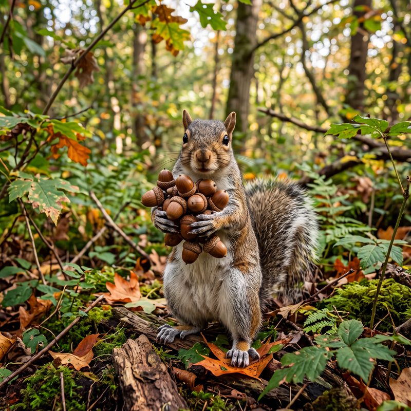 A squirrel gathering an armful of acorns
