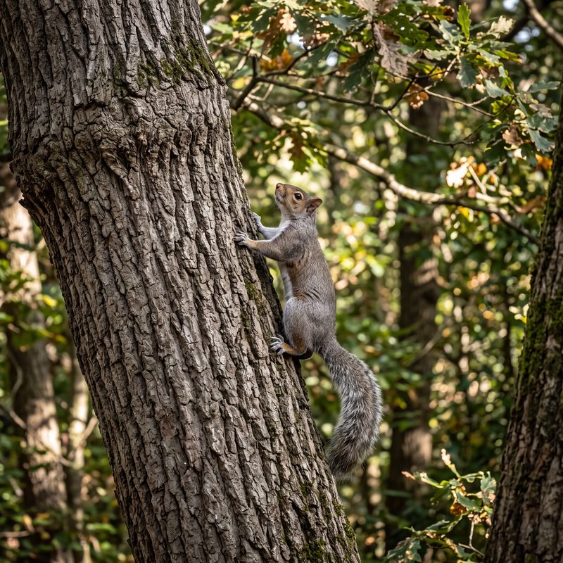 A squirrel climbing high up an oak trunk