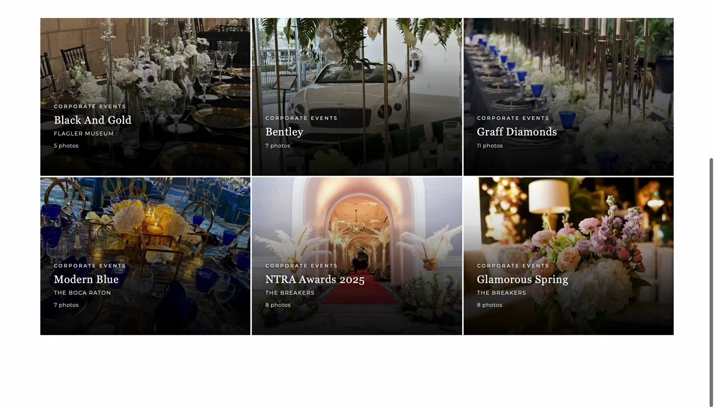 Corporate galleries  branded events shown at full scale.