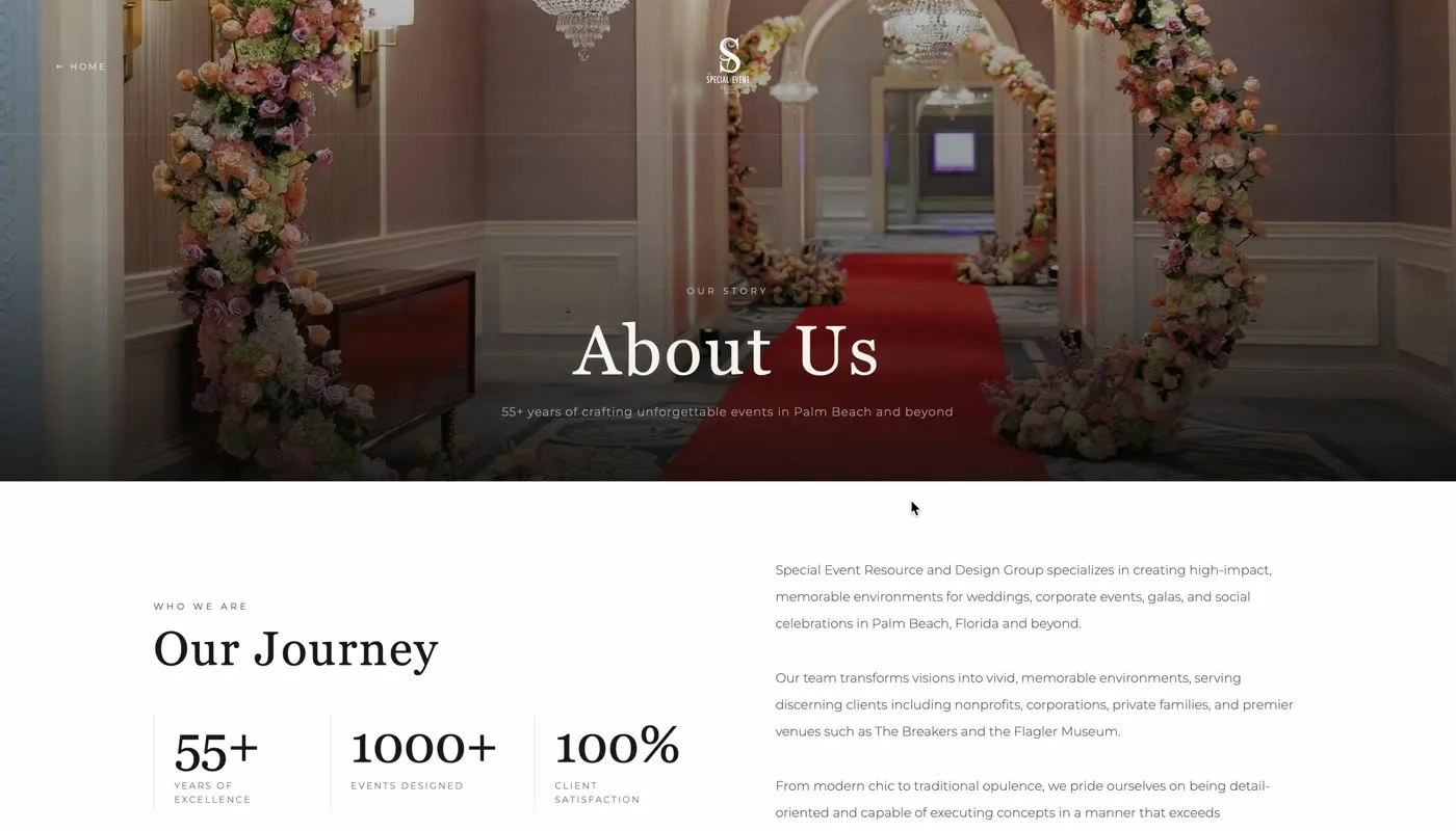 An About page that leads with experience: 55+ years, 1000+ events.