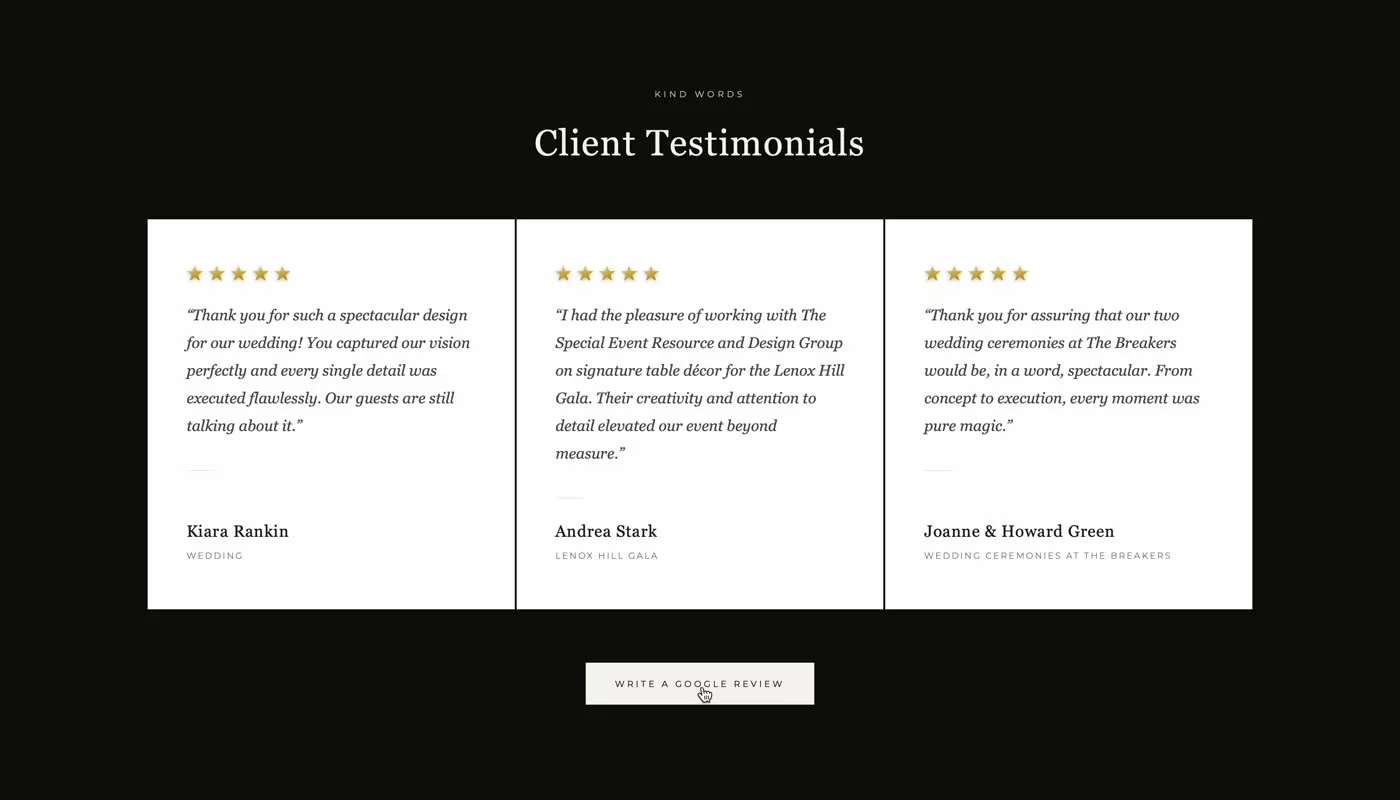 Client testimonials presented as proof, not filler.